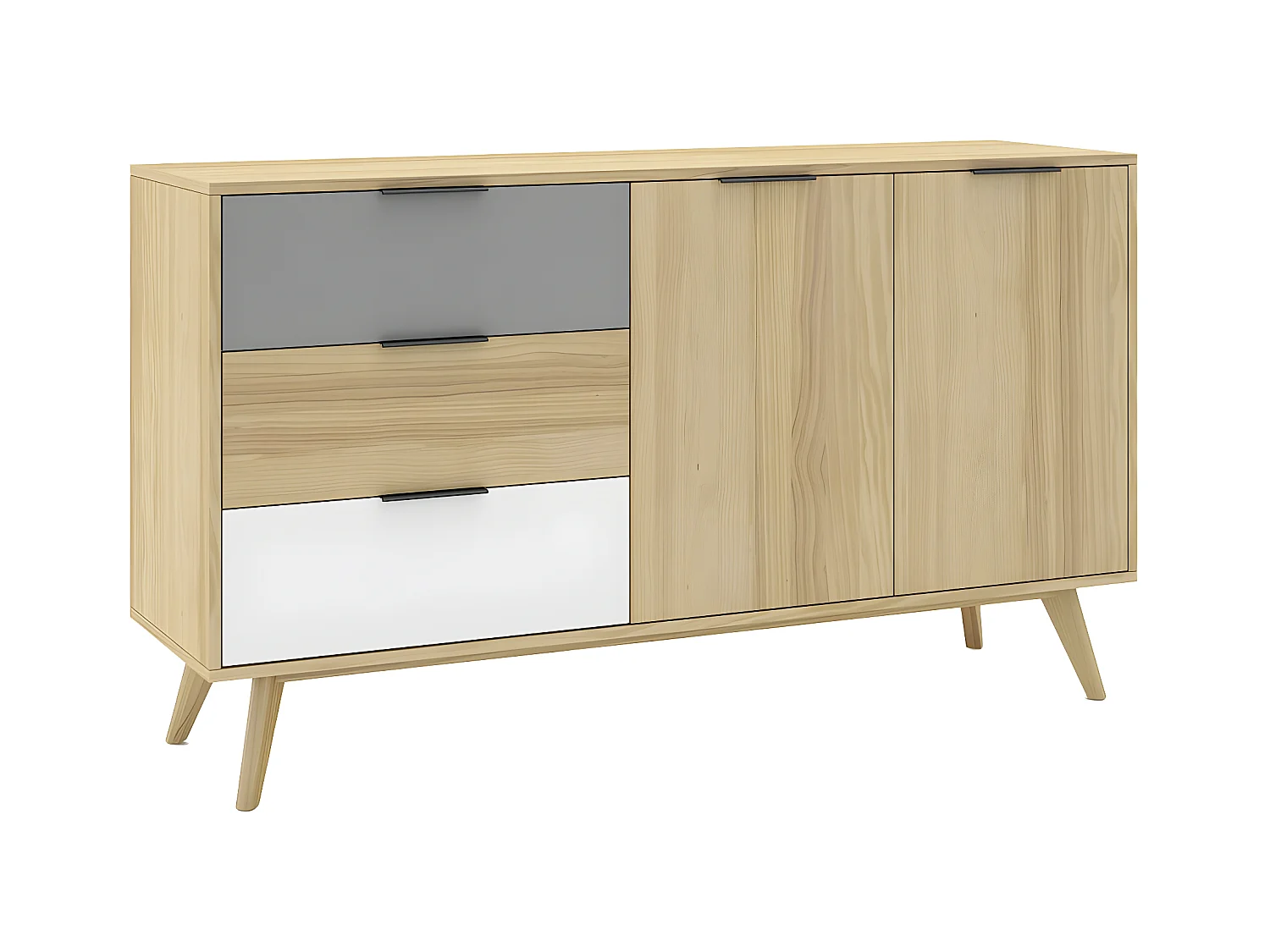 BORGH - Buffet 140cm 2 Portes 3 Tiroirs Scandinave Pin Massif Gris, Blanc et Effet Chêne
