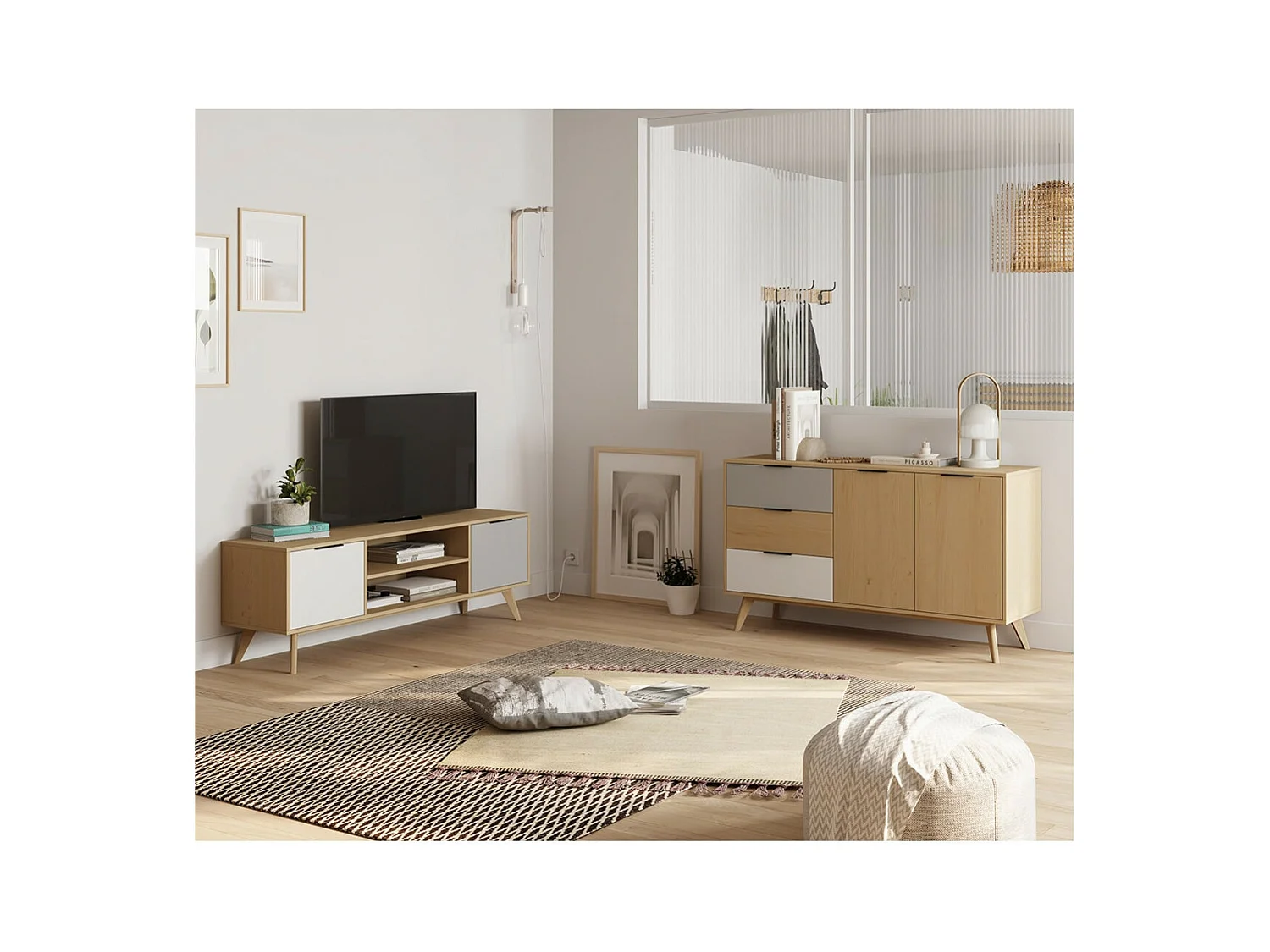 BORGH - Buffet 140cm 2 Portes 3 Tiroirs Scandinave Pin Massif Gris, Blanc et Effet Chêne