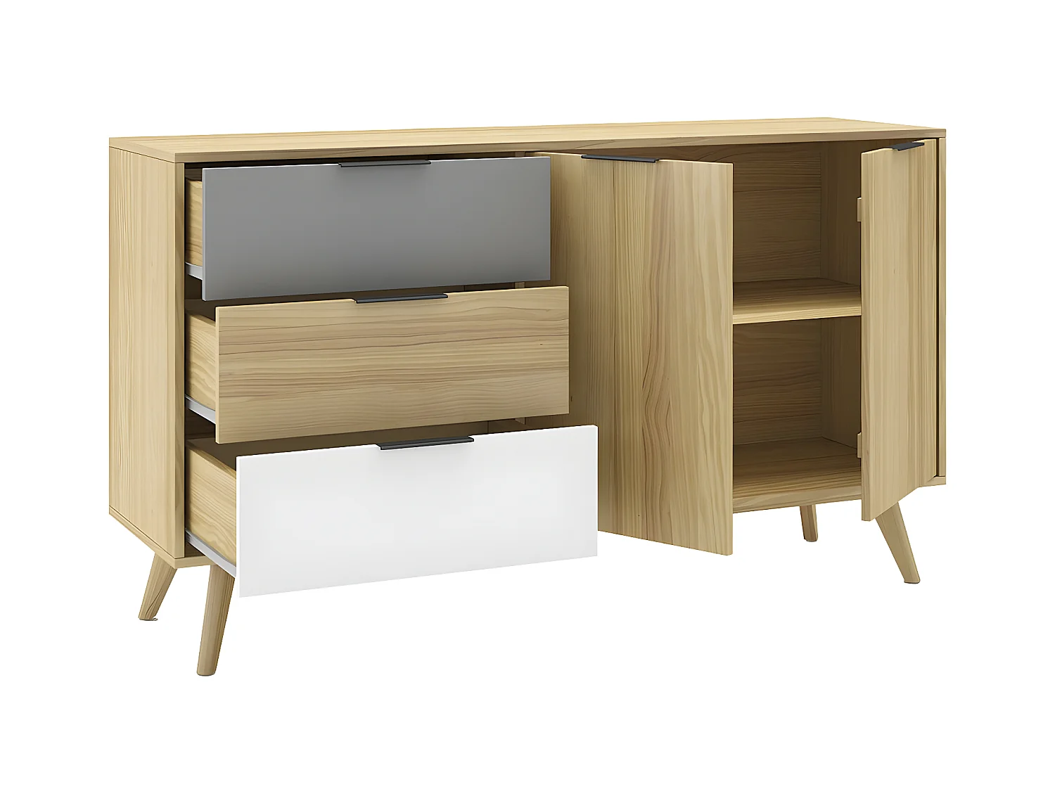 BORGH - Buffet 140cm 2 Portes 3 Tiroirs Scandinave Pin Massif Gris, Blanc et Effet Chêne