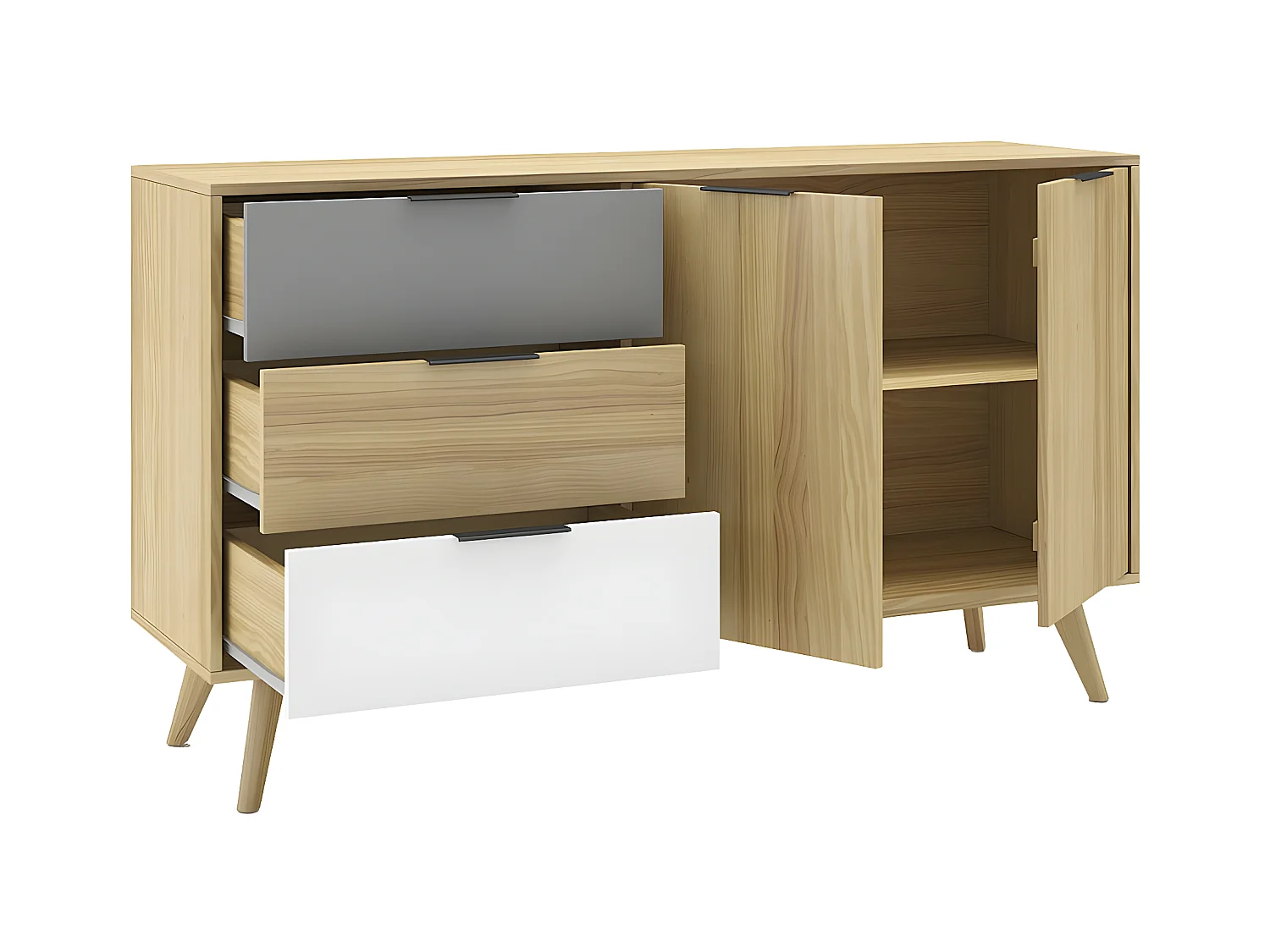 BORGH - Buffet 140cm 2 Portes 3 Tiroirs Scandinave Pin Massif Gris, Blanc et Effet Chêne