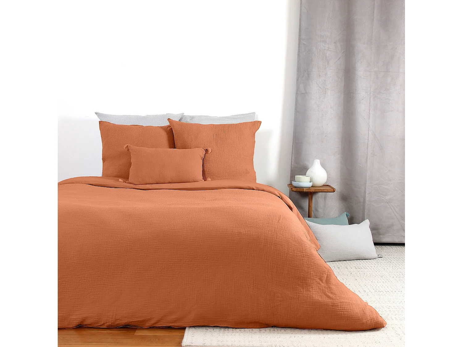 Parure de lit 260x240 cm double gaze de coton GAZGAZ caramel 3 pièces