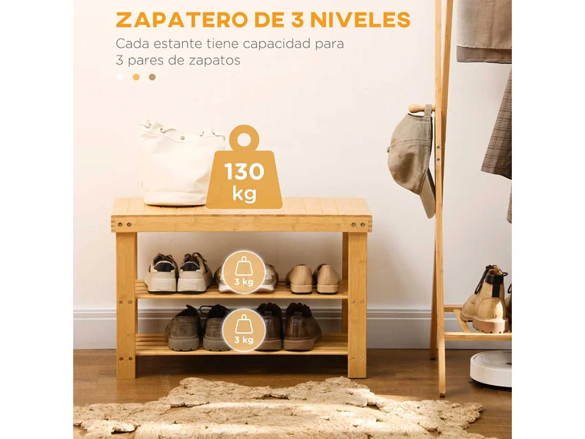 Banco zapatero madera natural 70x28x45 cm HOMCOM