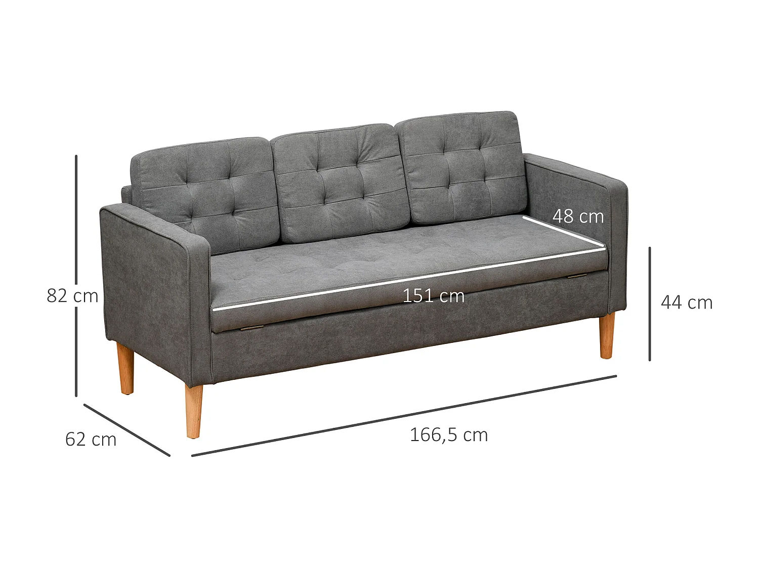 Sofá de 3 plazas gris 166.5x62x82 cm HOMCOM