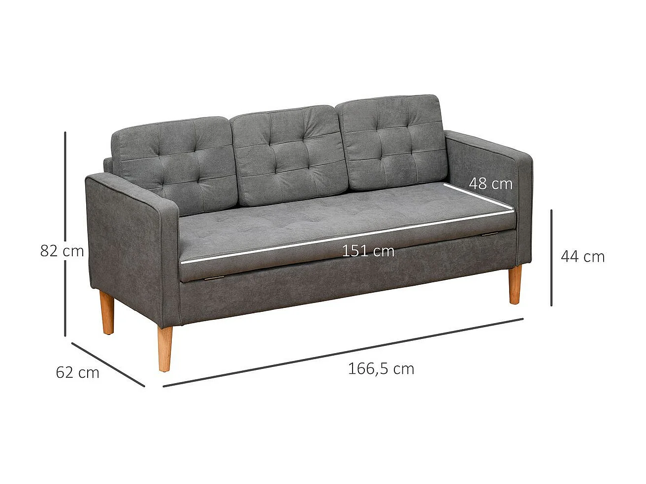 Sofá de 3 plazas gris 166.5x62x82 cm HOMCOM