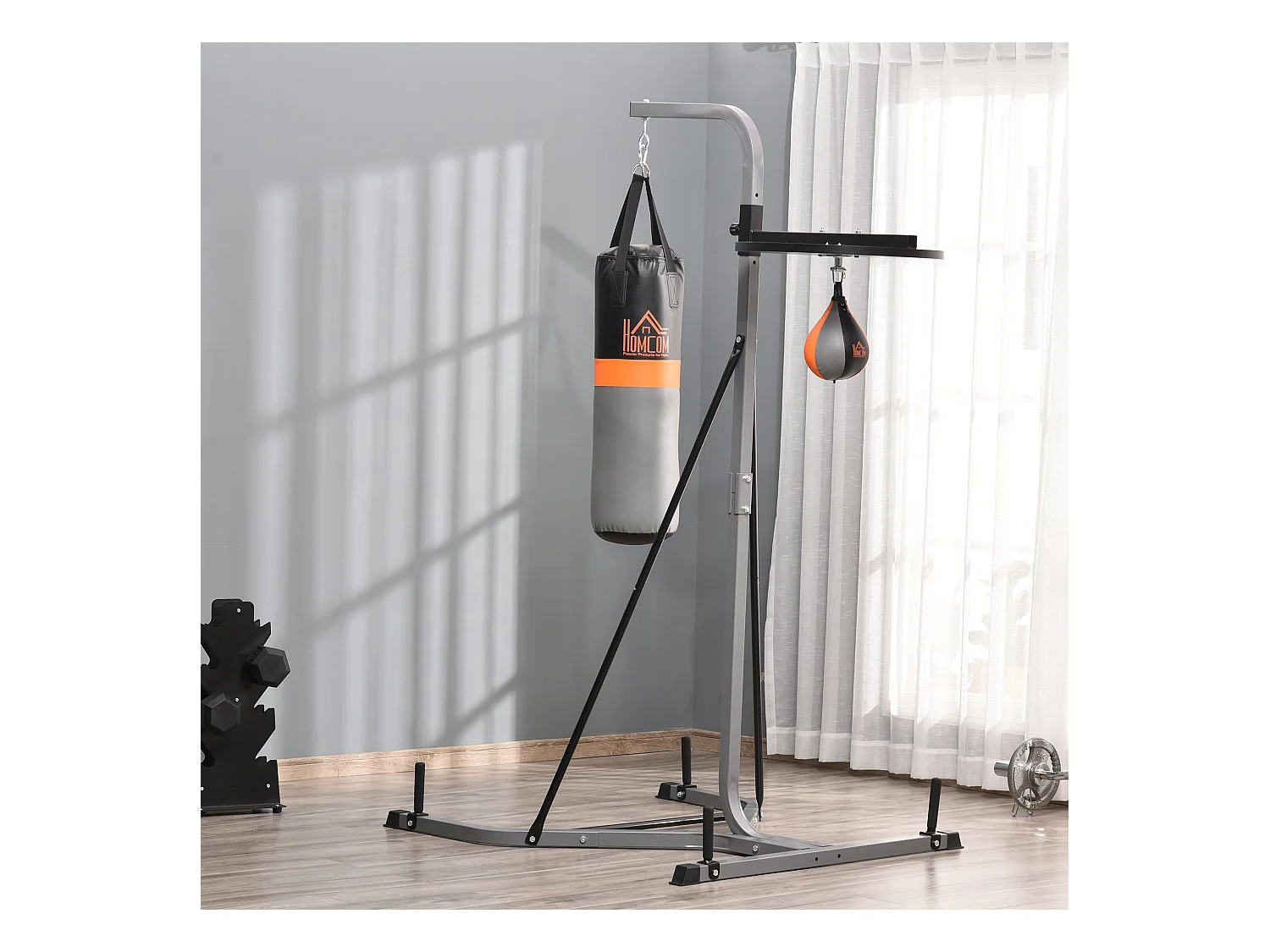 Saco de boxeo colgante con soporte negro y gris 115x157x221 cm HOMCOM