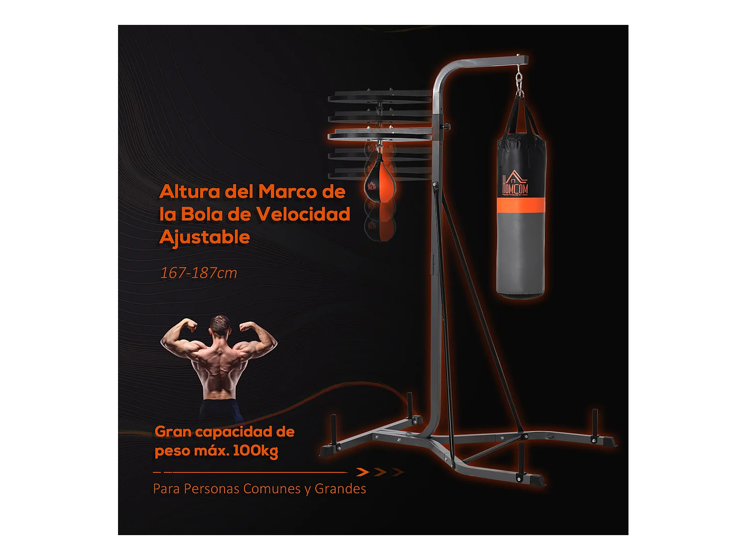 Saco de boxeo colgante con soporte negro y gris 115x157x221 cm HOMCOM