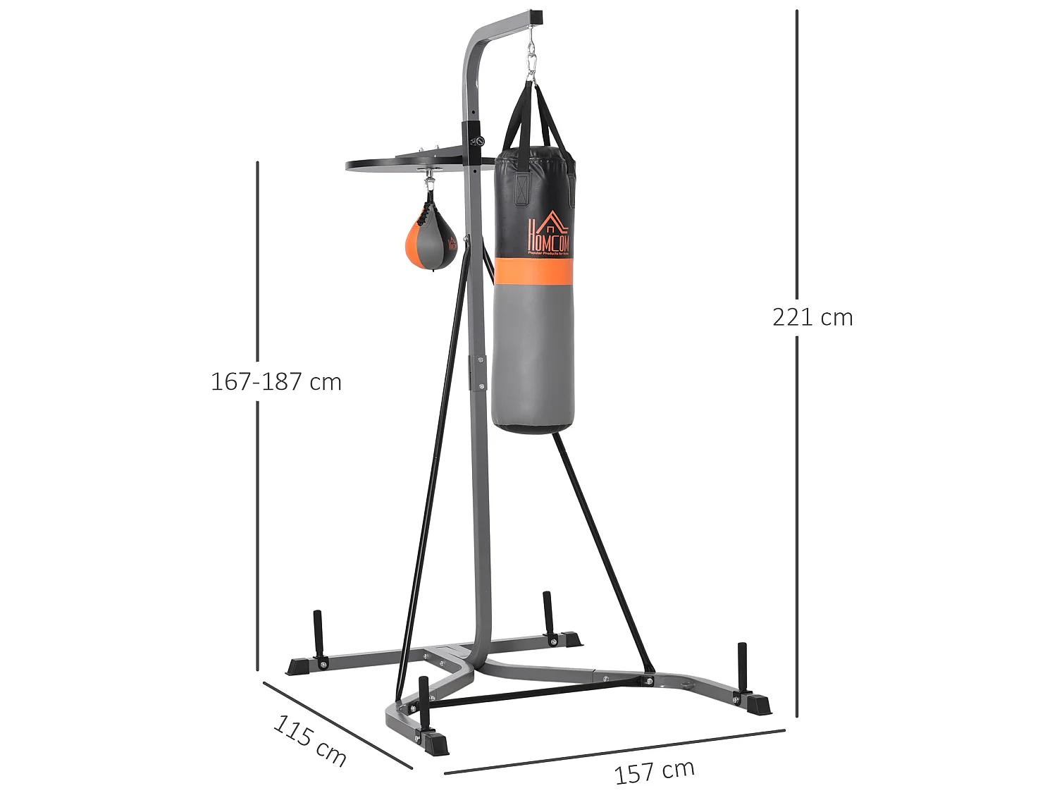 Saco de boxeo colgante con soporte negro y gris 115x157x221 cm HOMCOM