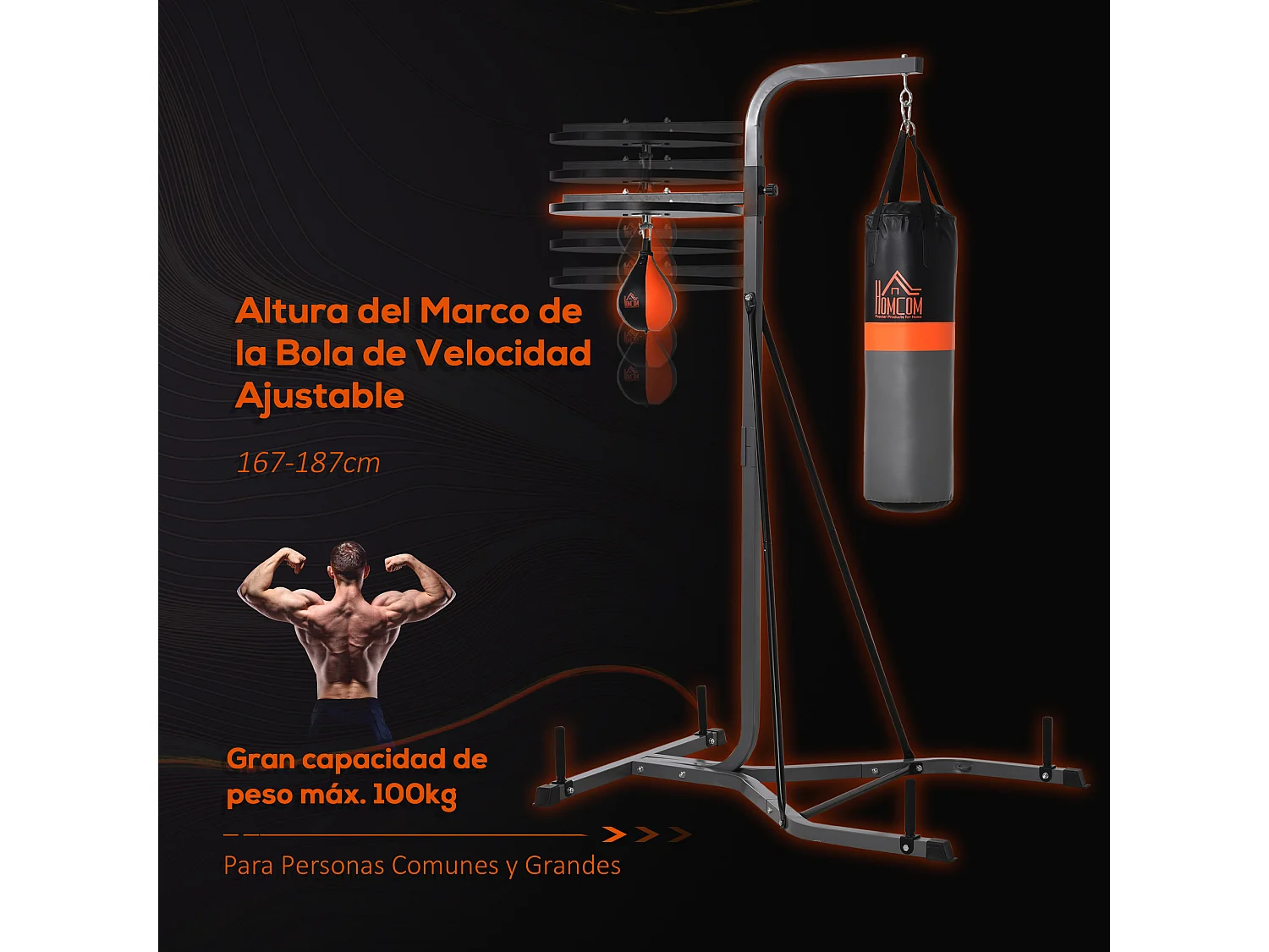 Saco de boxeo colgante con soporte negro y gris 115x157x221 cm HOMCOM