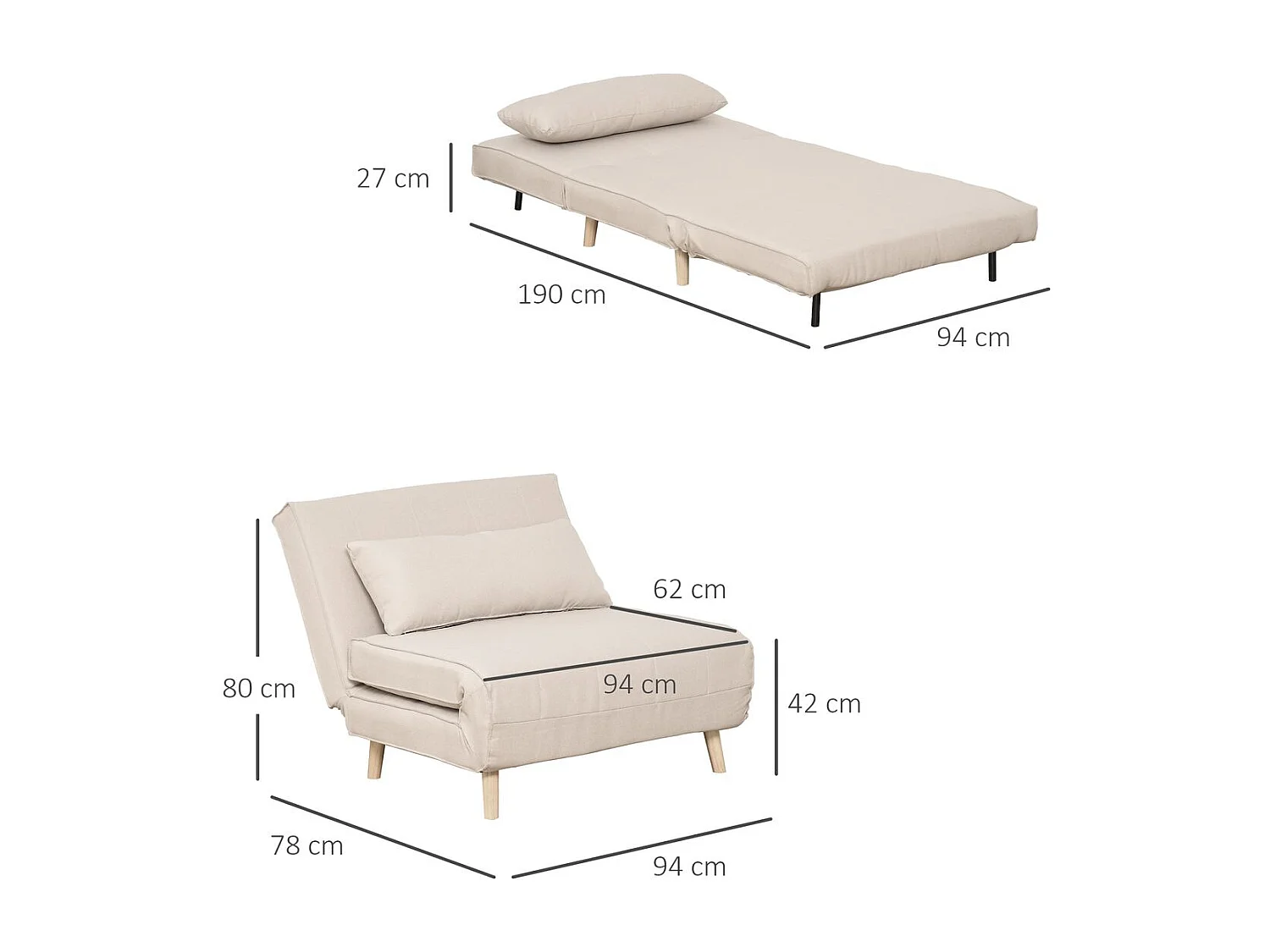 Sofá cama beige 94x78x80 cm HOMCOM