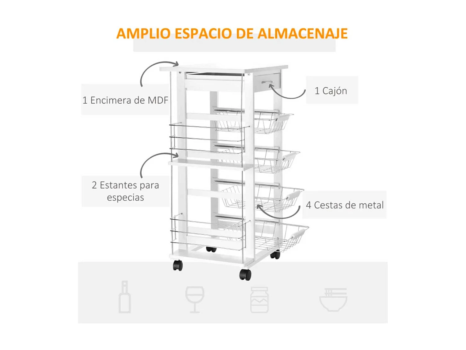 Carrito de cocina blanco 47x37x83 cm HOMCOM