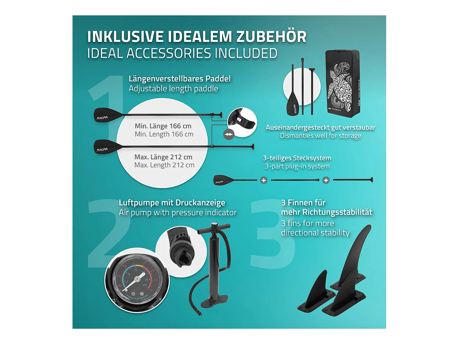 Planche stand up Maona 308x78x10 cm turquoise PVC gonflable jusqu'à 120kg revêtement antidérapant avec pompe sac de transport kit de réparation pagaie