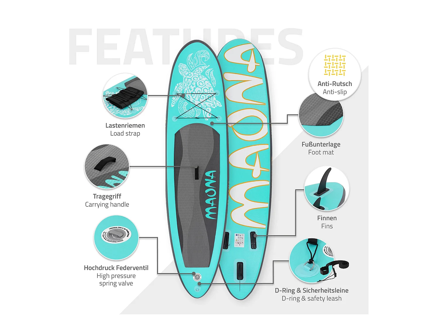 Planche stand up Maona 308x78x10 cm turquoise PVC gonflable jusqu'à 120kg revêtement antidérapant avec pompe sac de transport kit de réparation pagaie