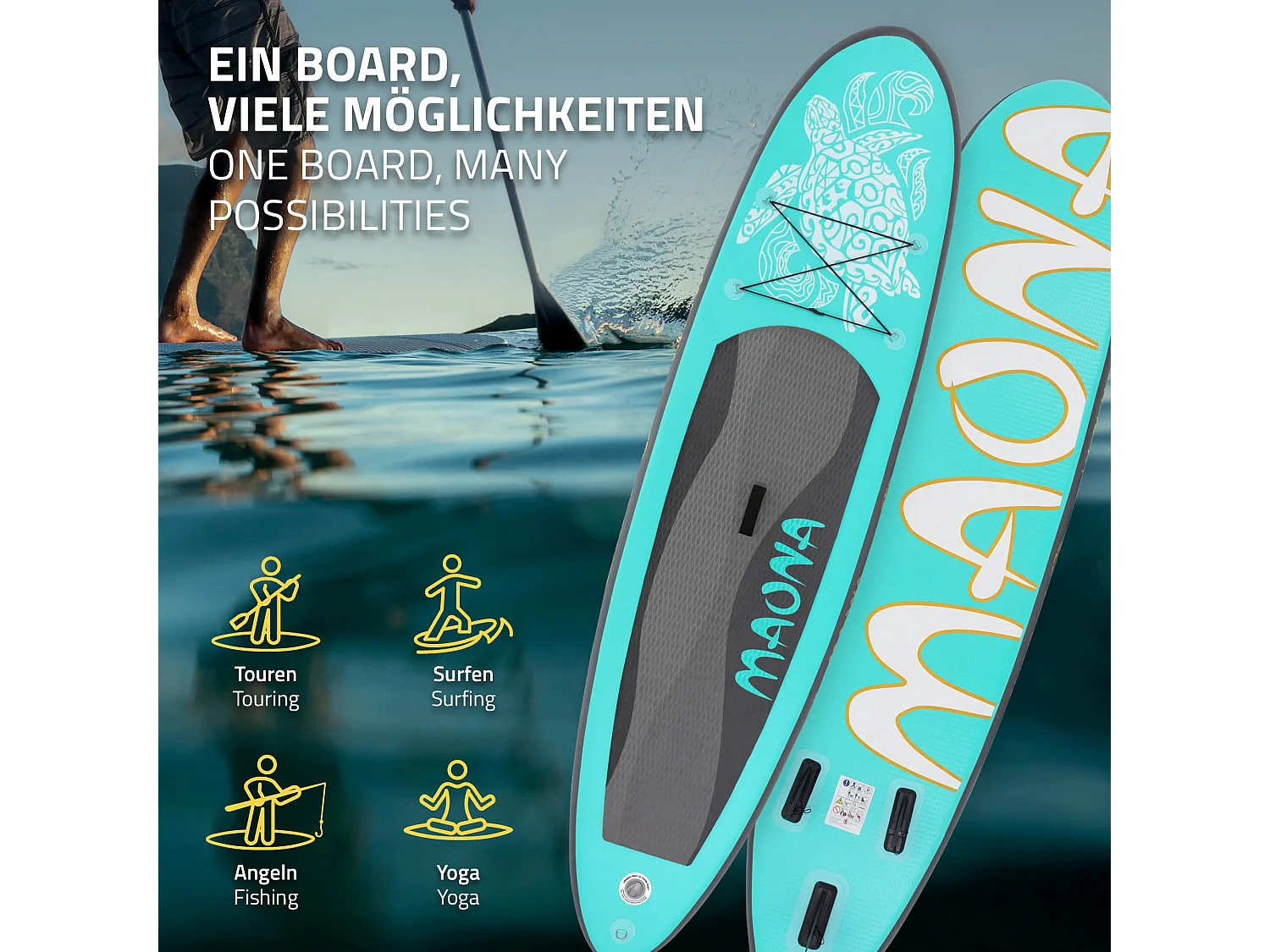 Planche stand up Maona 308x78x10 cm turquoise PVC gonflable jusqu'à 120kg revêtement antidérapant avec pompe sac de transport kit de réparation pagaie