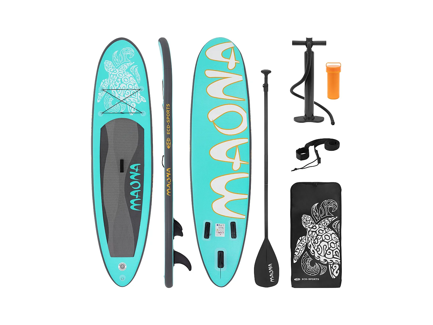 Planche stand up Maona 308x78x10 cm turquoise PVC gonflable jusqu'à 120kg revêtement antidérapant avec pompe sac de transport kit de réparation pagaie