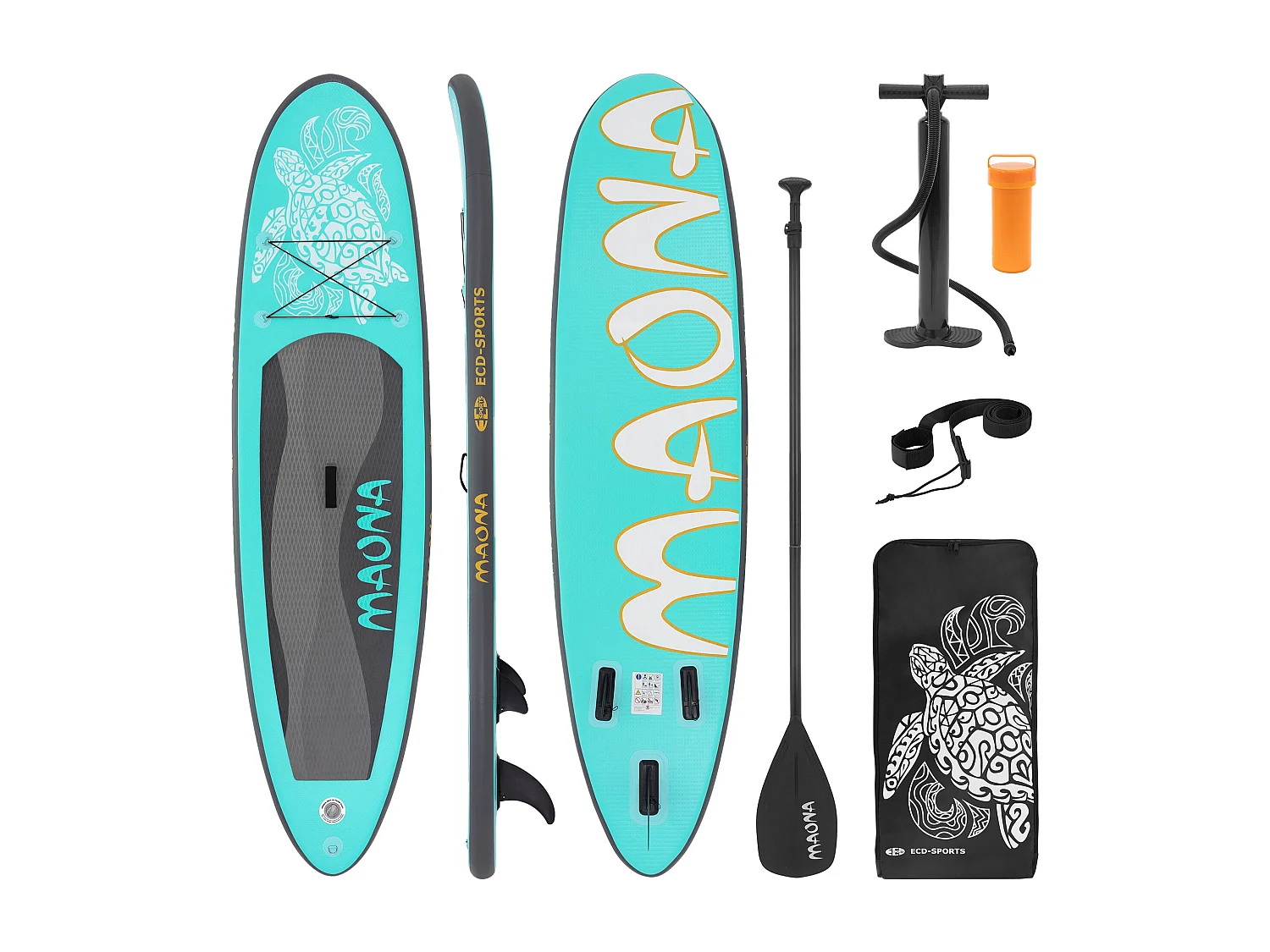 Planche stand up Maona 308x78x10 cm turquoise PVC gonflable jusqu'à 120kg revêtement antidérapant avec pompe sac de transport kit de réparation pagaie