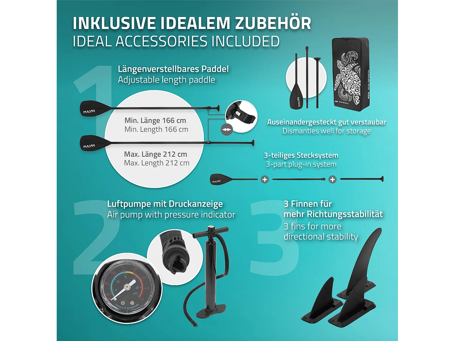 Planche stand up Maona 308x78x10 cm turquoise PVC gonflable jusqu'à 120kg revêtement antidérapant avec pompe sac de transport kit de réparation pagaie