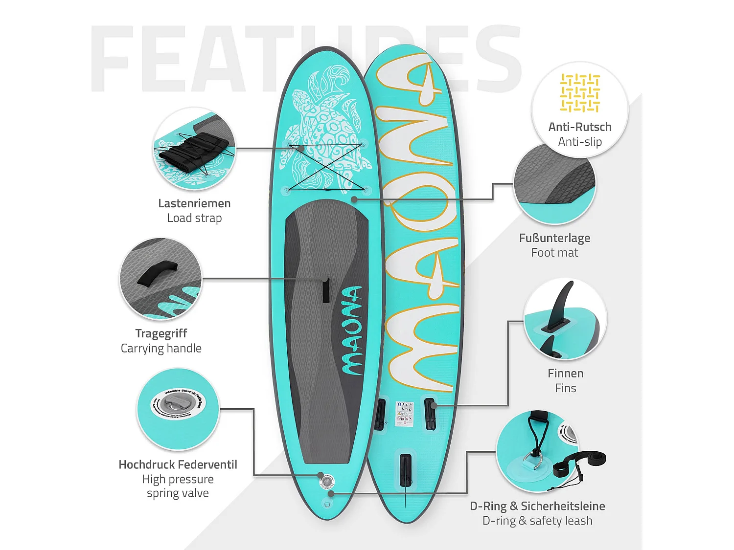 Planche stand up Maona 308x78x10 cm turquoise PVC gonflable jusqu'à 120kg revêtement antidérapant avec pompe sac de transport kit de réparation pagaie