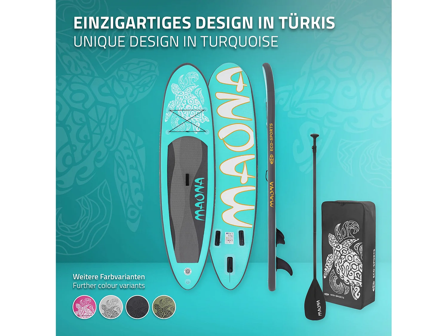 Planche stand up Maona 308x78x10 cm turquoise PVC gonflable jusqu'à 120kg revêtement antidérapant avec pompe sac de transport kit de réparation pagaie