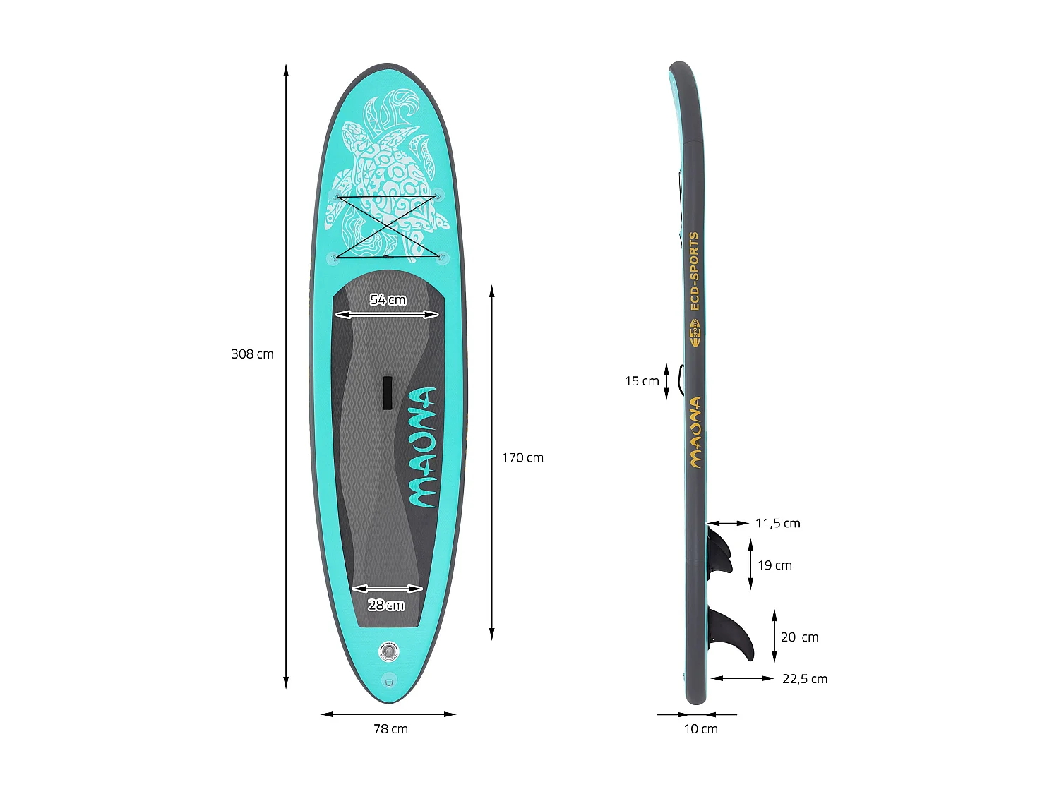 Planche stand up Maona 308x78x10 cm turquoise PVC gonflable jusqu'à 120kg revêtement antidérapant avec pompe sac de transport kit de réparation pagaie