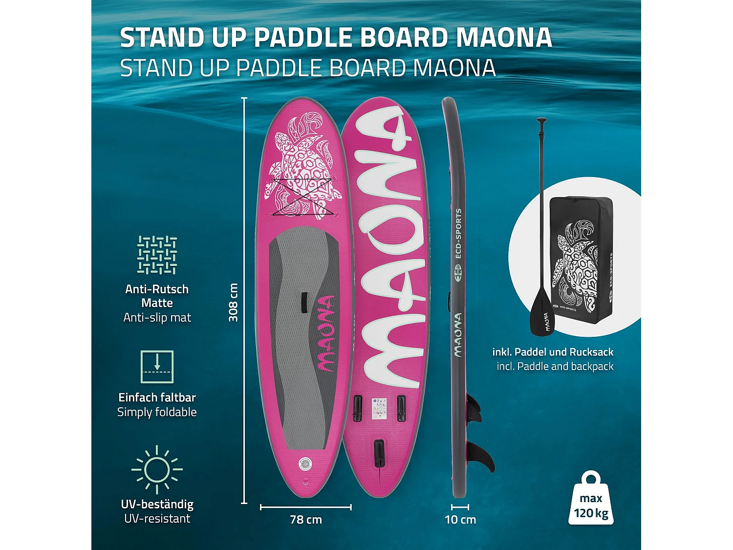 Planche stand up Maona 308x78x10 cm rose PVC gonflable jusqu'à 120kg revêtement antidérapant avec pompe sac de transport kit de réparation pagaie