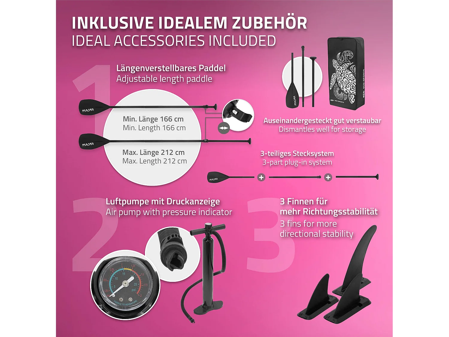 Planche stand up Maona 308x78x10 cm rose PVC gonflable jusqu'à 120kg revêtement antidérapant avec pompe sac de transport kit de réparation pagaie
