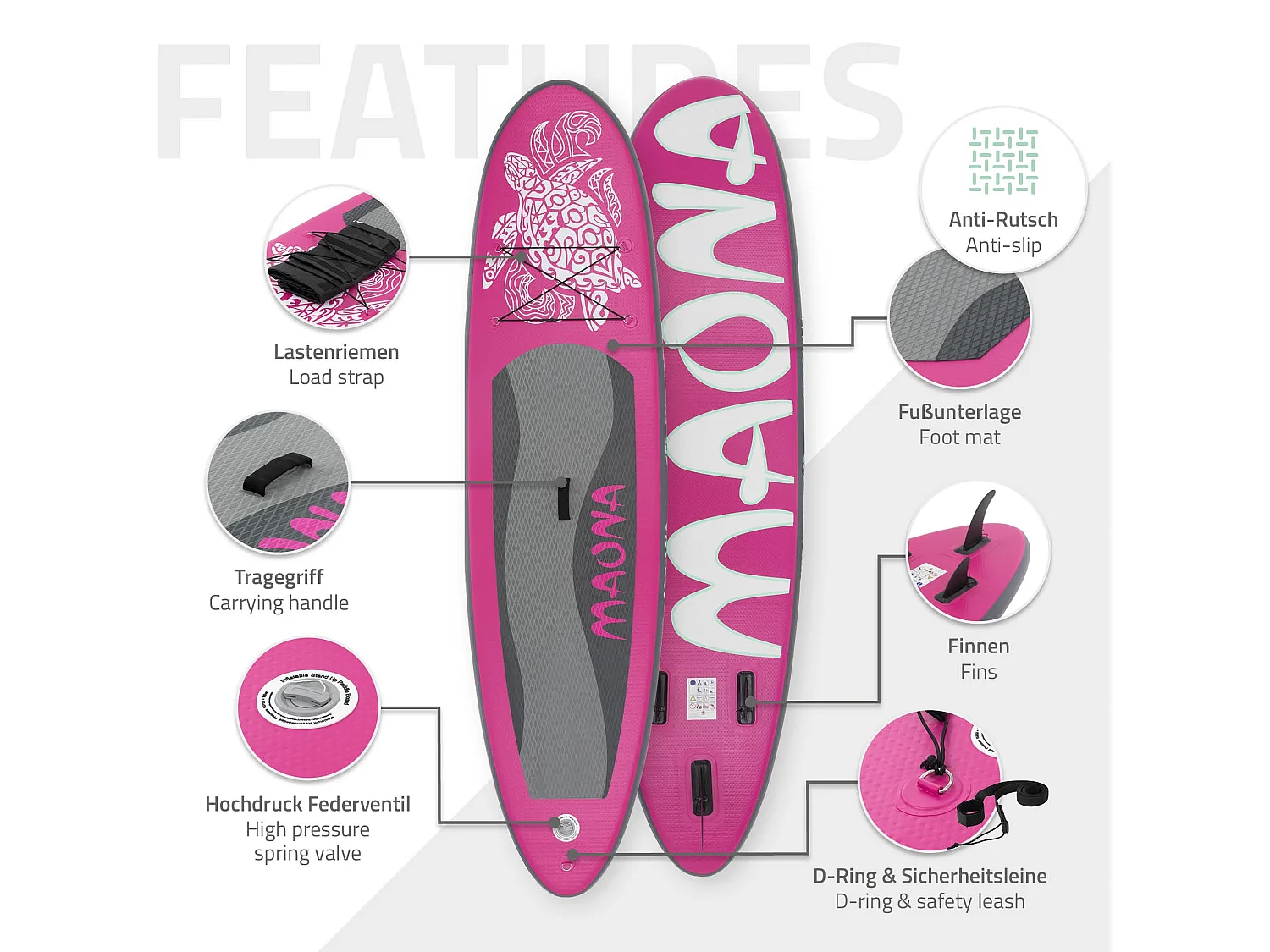 Planche stand up Maona 308x78x10 cm rose PVC gonflable jusqu'à 120kg revêtement antidérapant avec pompe sac de transport kit de réparation pagaie