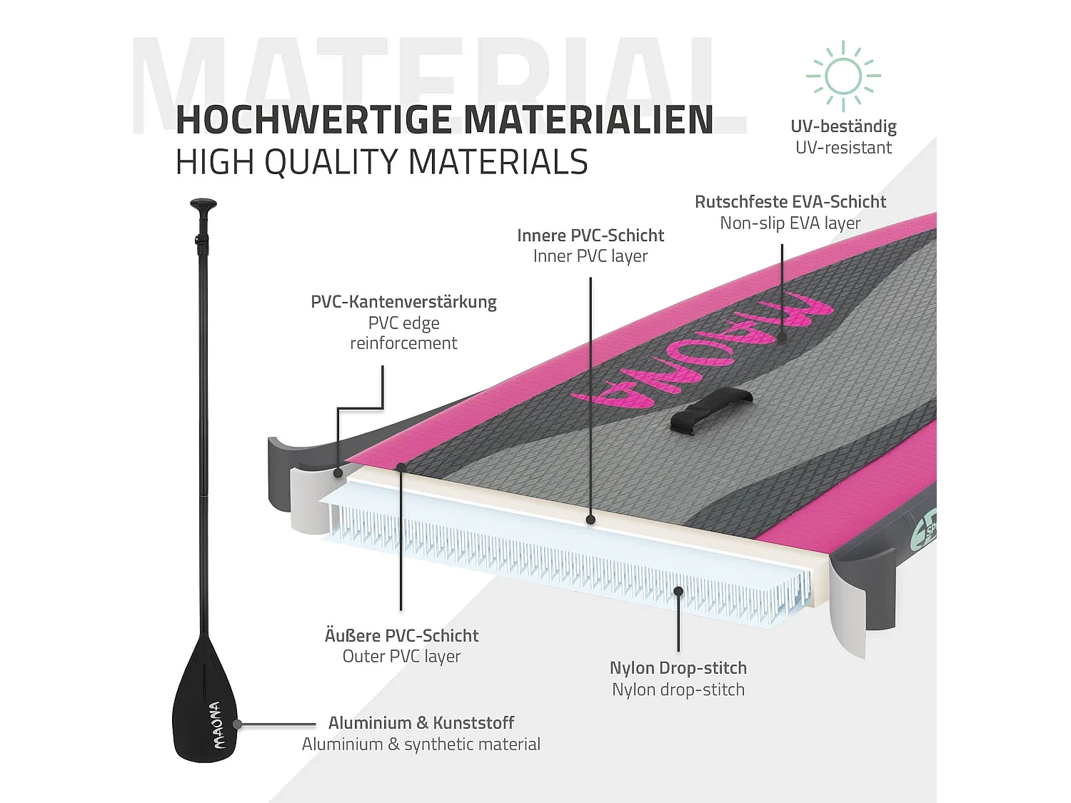 Planche stand up Maona 308x78x10 cm rose PVC gonflable jusqu'à 120kg revêtement antidérapant avec pompe sac de transport kit de réparation pagaie