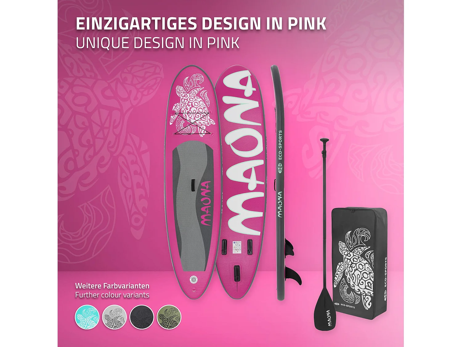 Planche stand up Maona 308x78x10 cm rose PVC gonflable jusqu'à 120kg revêtement antidérapant avec pompe sac de transport kit de réparation pagaie