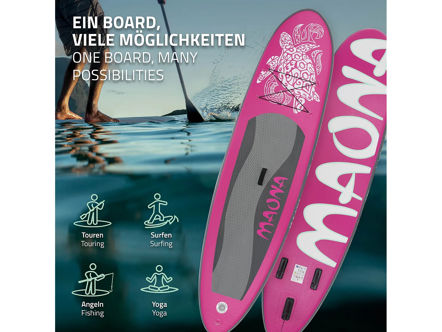 Planche stand up Maona 308x78x10 cm rose PVC gonflable jusqu'à 120kg revêtement antidérapant avec pompe sac de transport kit de réparation pagaie