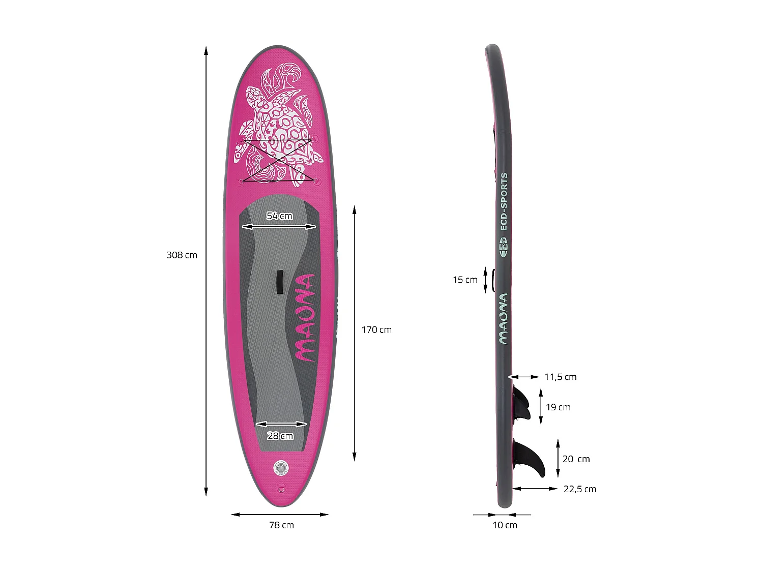 Planche stand up Maona 308x78x10 cm rose PVC gonflable jusqu'à 120kg revêtement antidérapant avec pompe sac de transport kit de réparation pagaie