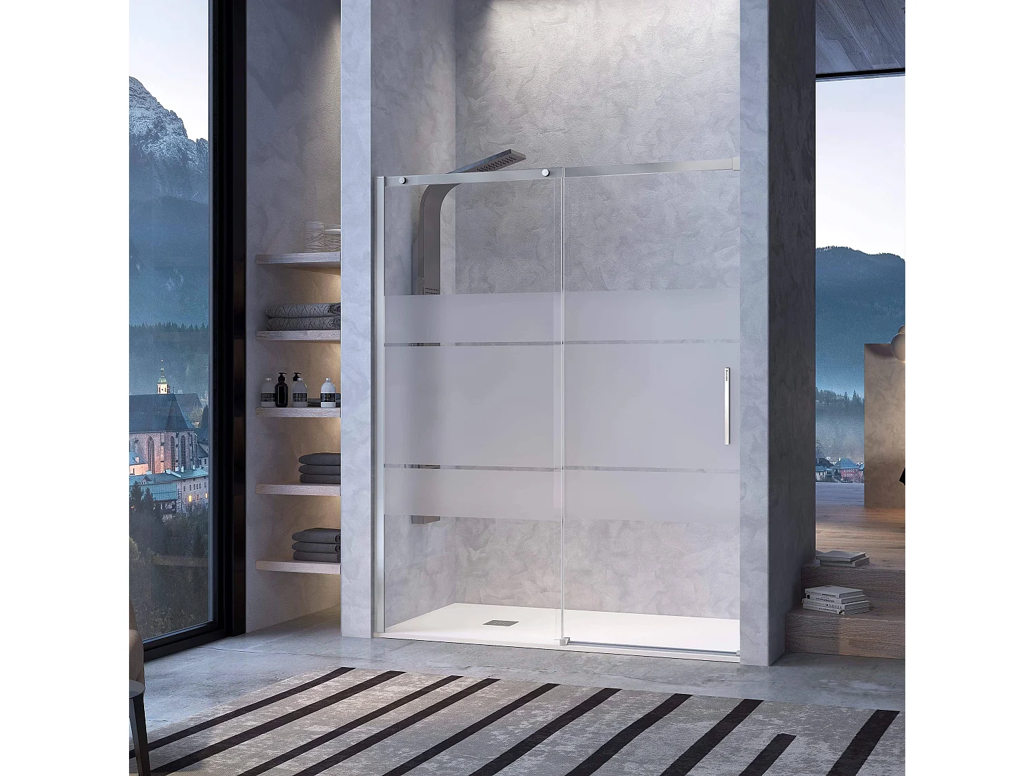 Frontal de ducha + Puerta Corredera 120 cm LUNA con Cristal serigrafiado  Lateral Fijo : 66.5 - 69 cm