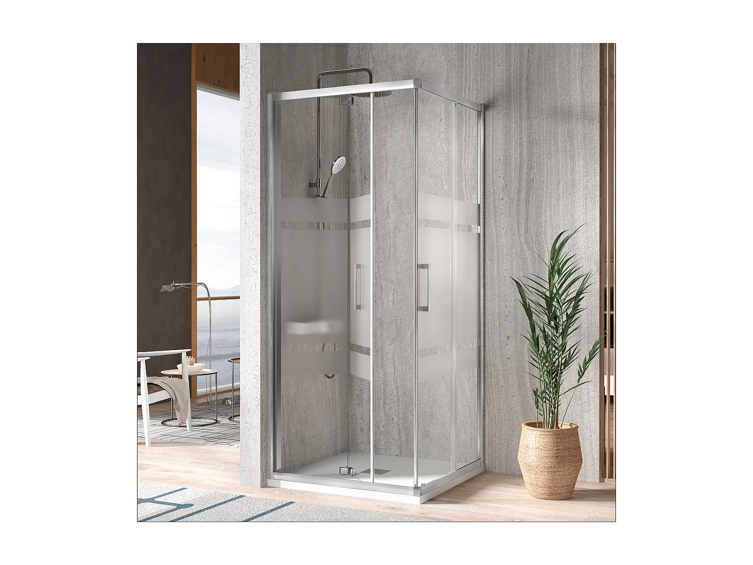 Mampara de ducha esquina Puerta Plegable 70 cm + Puerta Corredera 70 cm S300 con Cristal serigrafiado