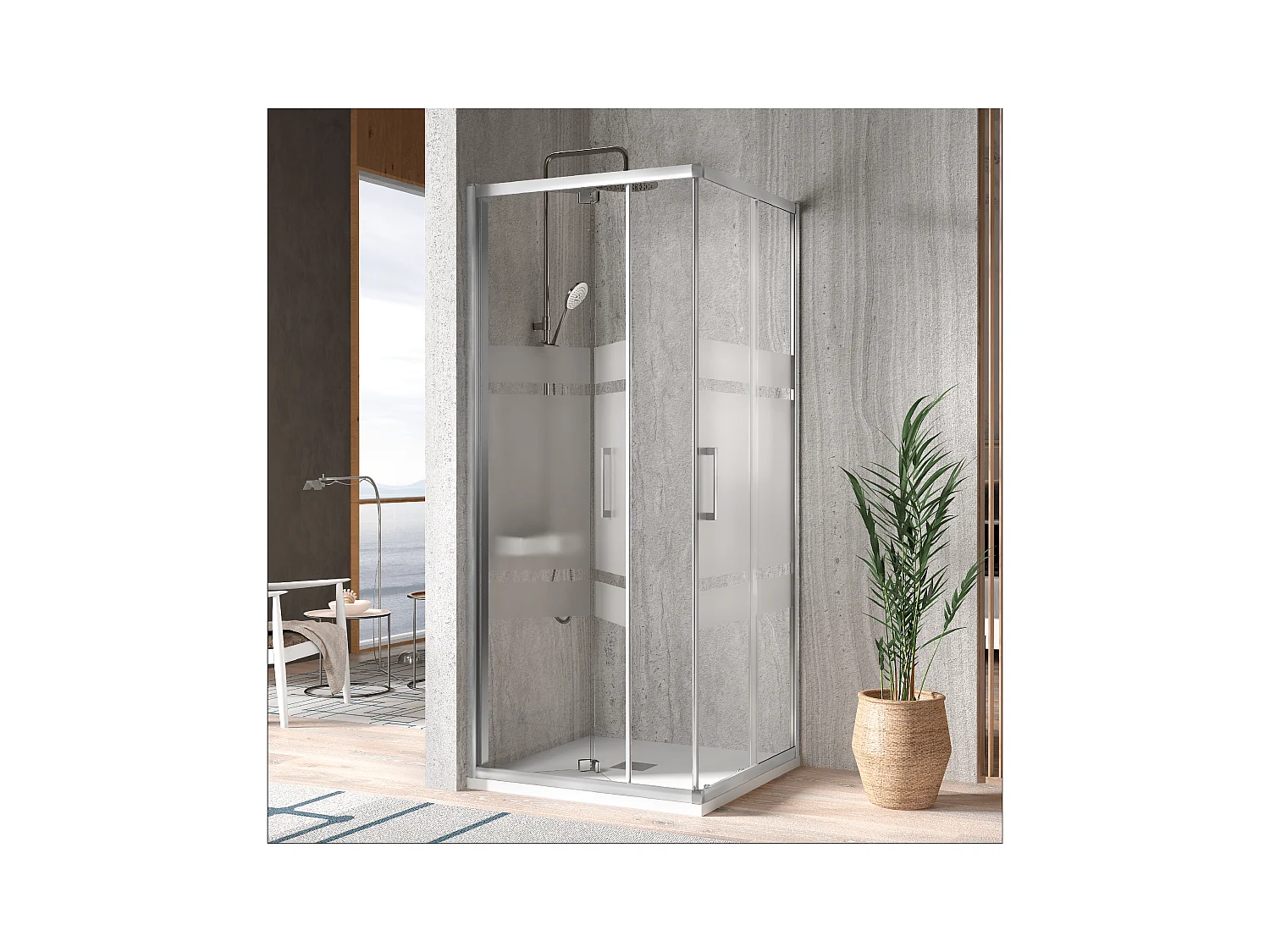 Angular de ducha Puerta Plegable 75 cm + Puerta Corredera 70 cm S300 con Cristal serigrafiado