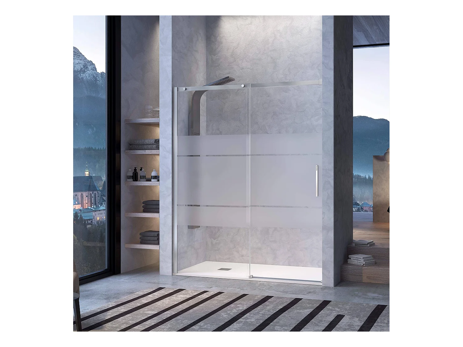 Frontal de ducha + Puerta Corredera 130 cm LUNA con Cristal serigrafiado  Lateral Fijo : 76.5 - 79 cm