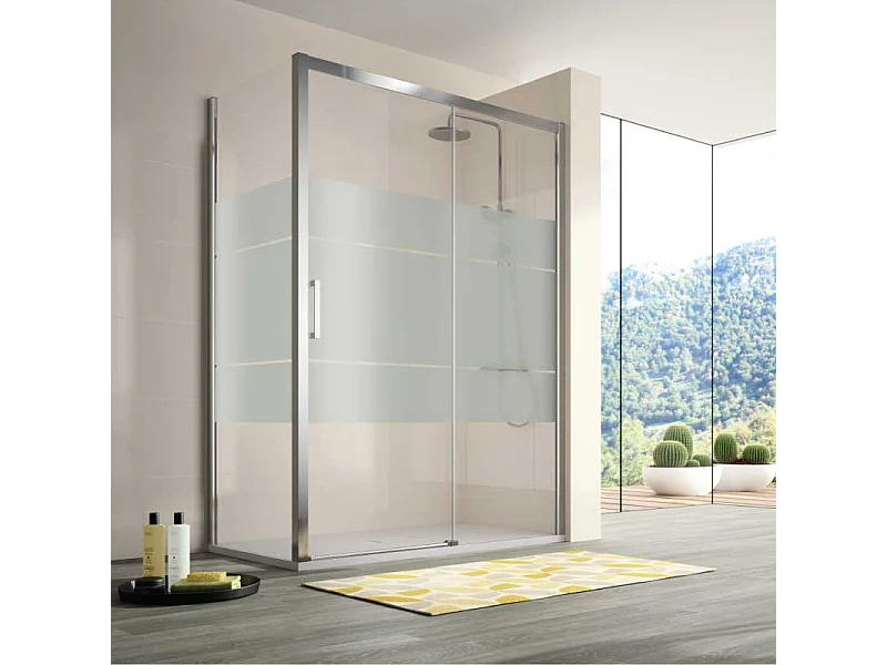 Mampara de ducha frontal + Puerta Corredera 105  cm S400 Cromado con Cristal serigrafiado Pared lateral: 76 - 79 cm