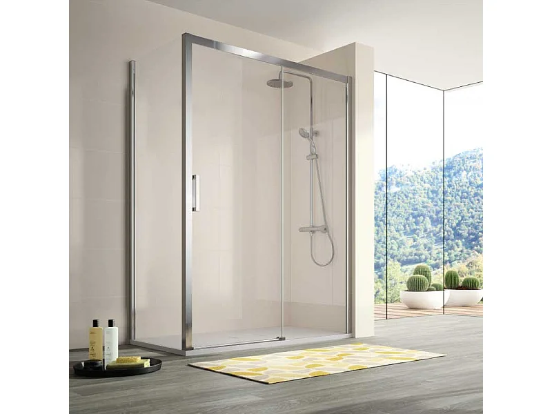 Mampara de ducha frontal + Puerta Corredera 105  cm S400 Cromado con Cristal serigrafiado Pared lateral: 76 - 79 cm