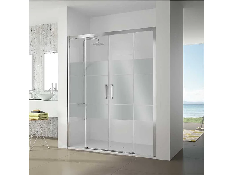 Mampara de ducha frontal 2 fijos+ 2 Puertas Correderas 156-162  cm S400 Cromado con Cristal serigrafiado + Lateral Fijo : 66.5 - 69 cm
