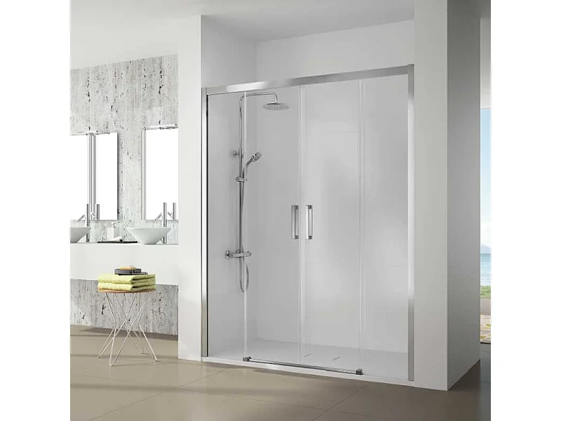 Mampara de ducha frontal 2 fijos+ 2 Puertas Correderas 156-162  cm S400 Cromado con Cristal serigrafiado + Lateral Fijo : 66.5 - 69 cm