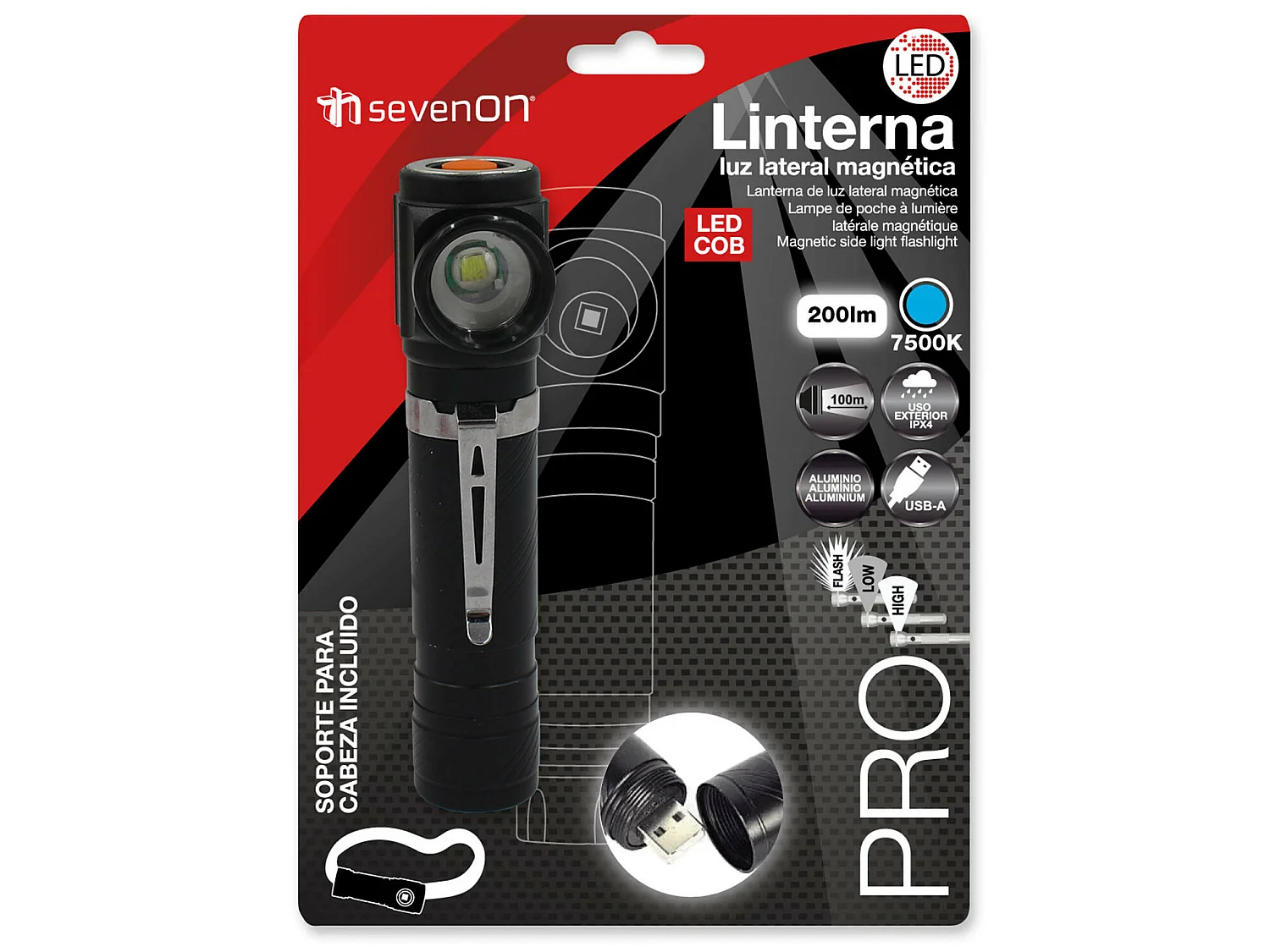 Linterna LED Luz Lateral con USB y 4 Modos De Iluminación Negro/Plata 7500K 20000H 7hSevenOn