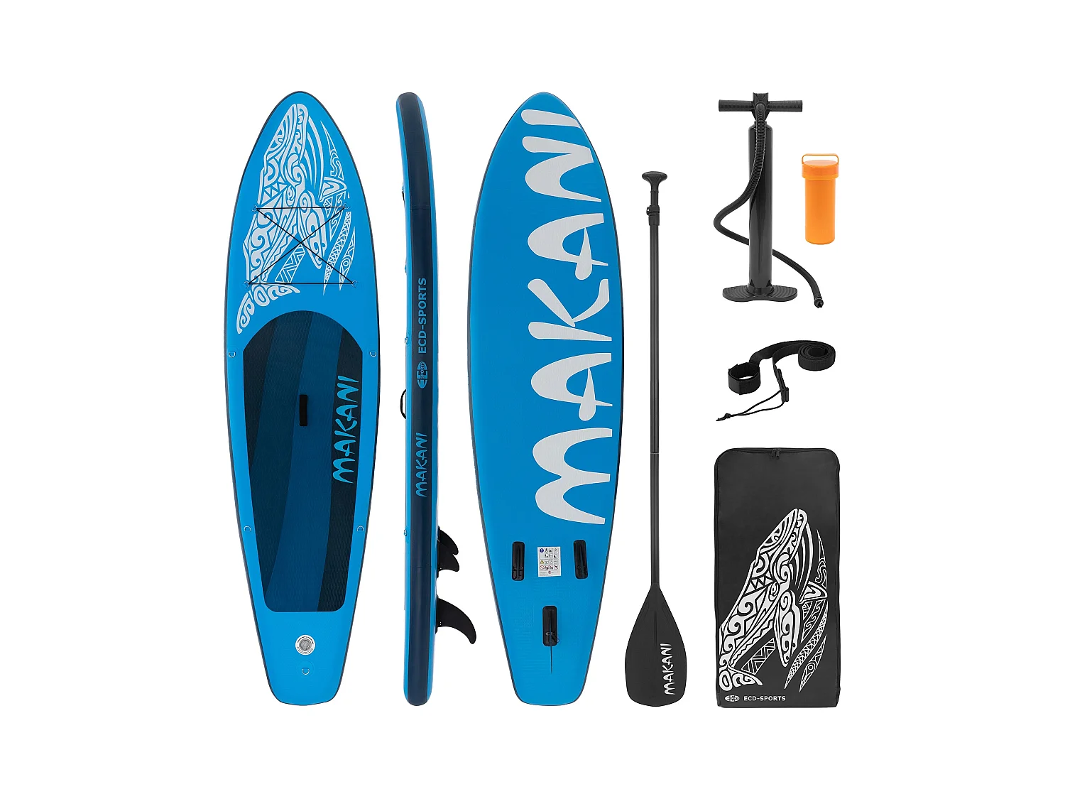 Planche stand up Makani 320x80x15 cm bleu PVC gonflable jusqu'à 120 kg revêtement antidérapant avec pompe sac de transport kit de réparation pagaie