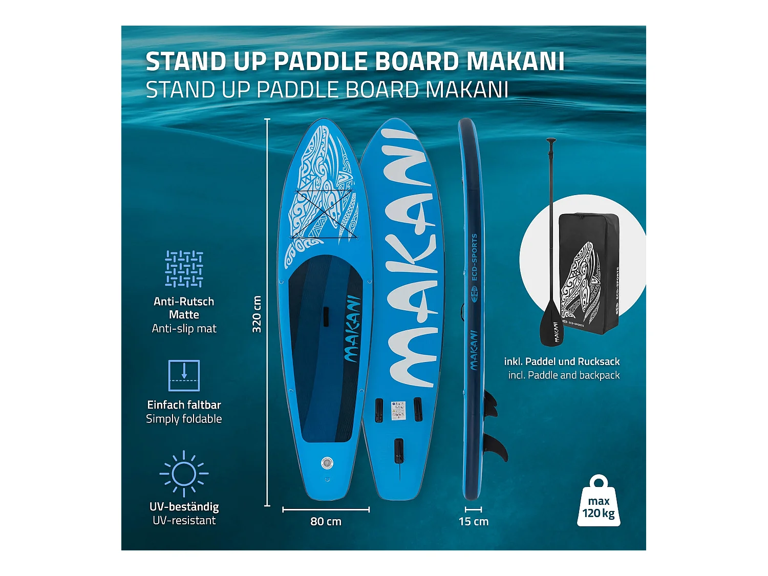 Planche stand up Makani 320x80x15 cm bleu PVC gonflable jusqu'à 120 kg revêtement antidérapant avec pompe sac de transport kit de réparation pagaie