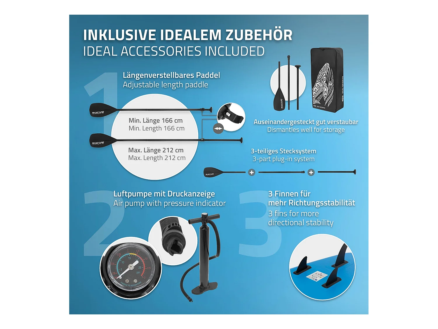 Planche stand up Makani 320x80x15 cm bleu PVC gonflable jusqu'à 120 kg revêtement antidérapant avec pompe sac de transport kit de réparation pagaie