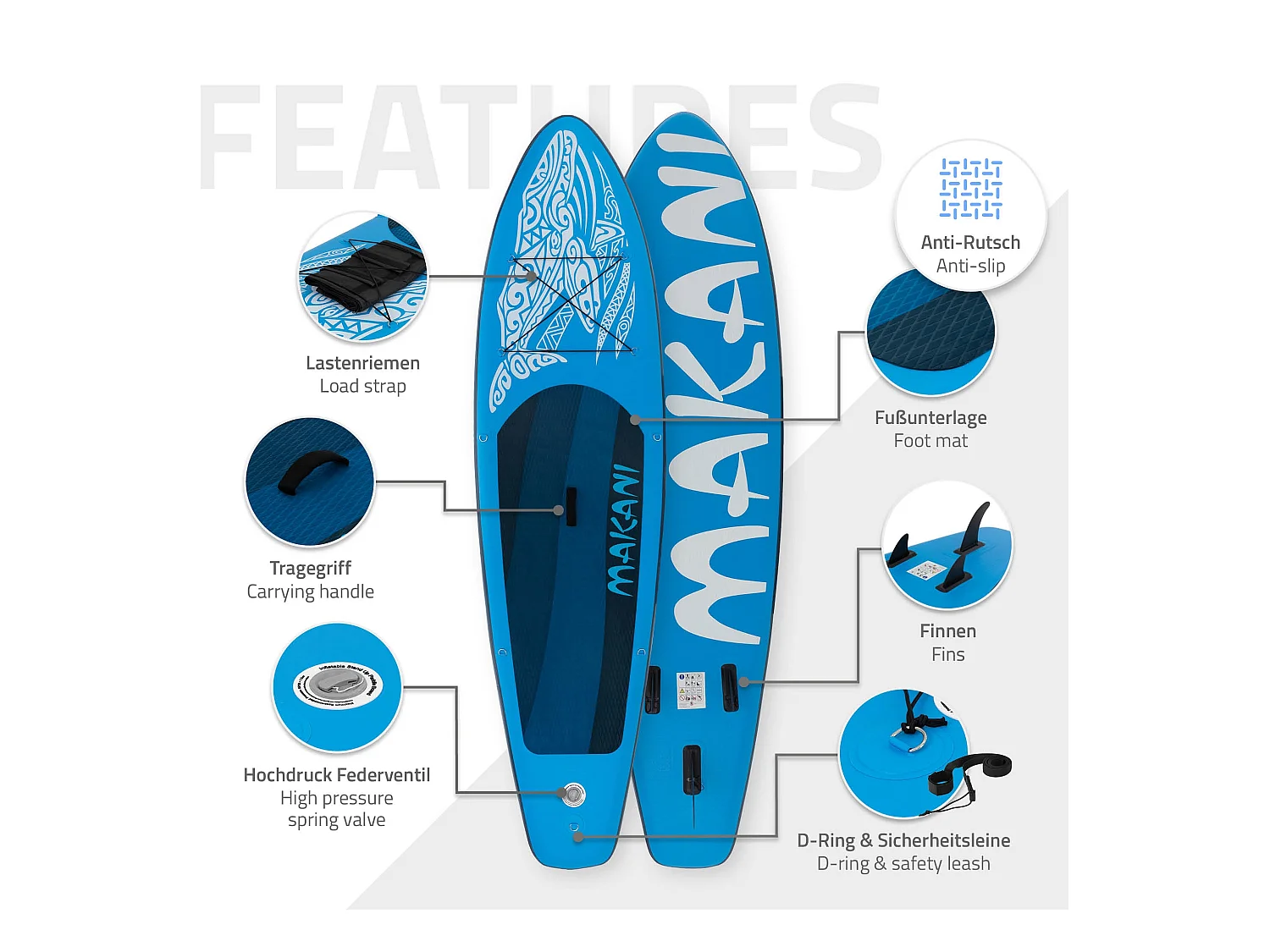 Planche stand up Makani 320x80x15 cm bleu PVC gonflable jusqu'à 120 kg revêtement antidérapant avec pompe sac de transport kit de réparation pagaie