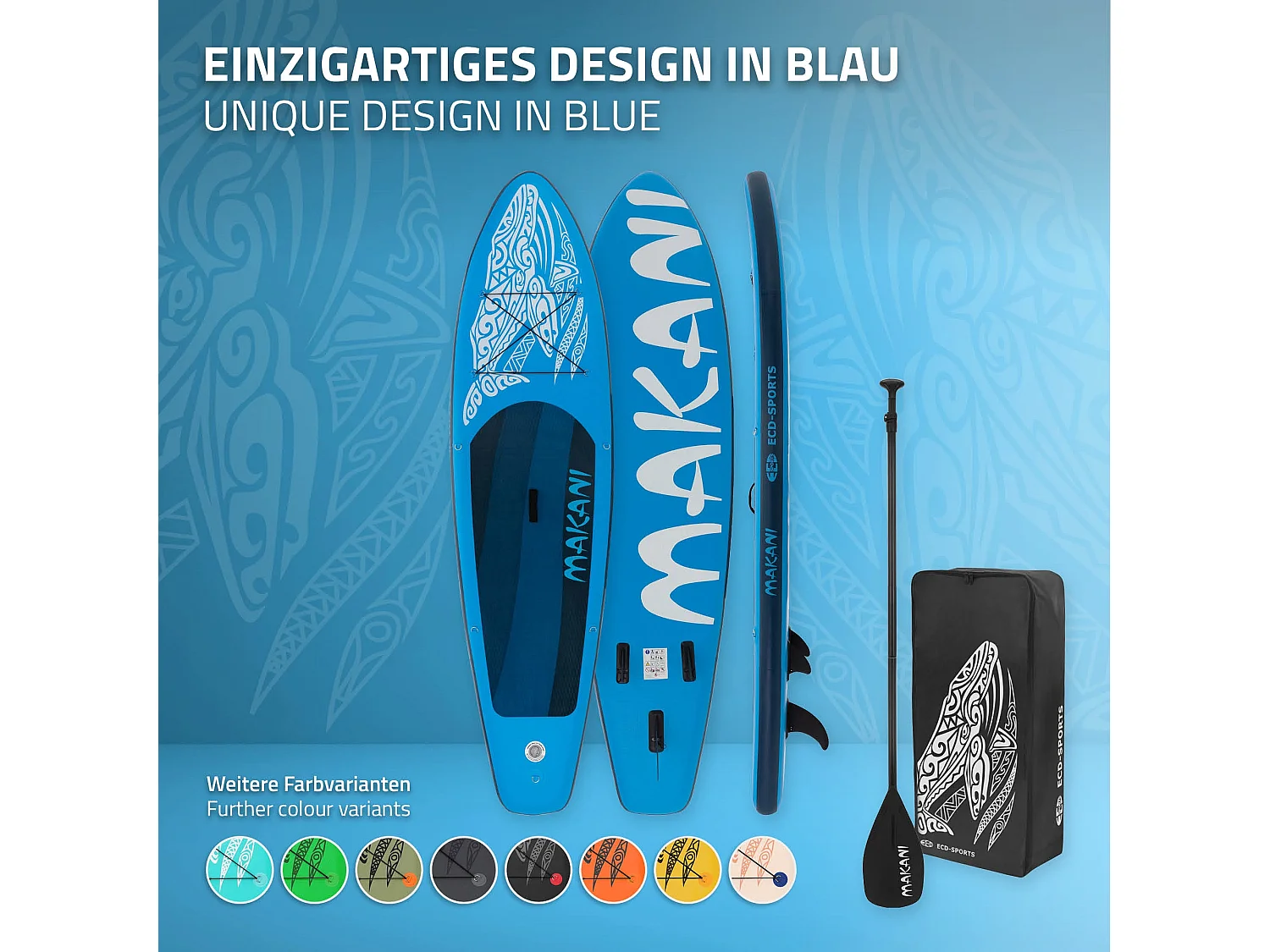 Planche stand up Makani 320x80x15 cm bleu PVC gonflable jusqu'à 120 kg revêtement antidérapant avec pompe sac de transport kit de réparation pagaie