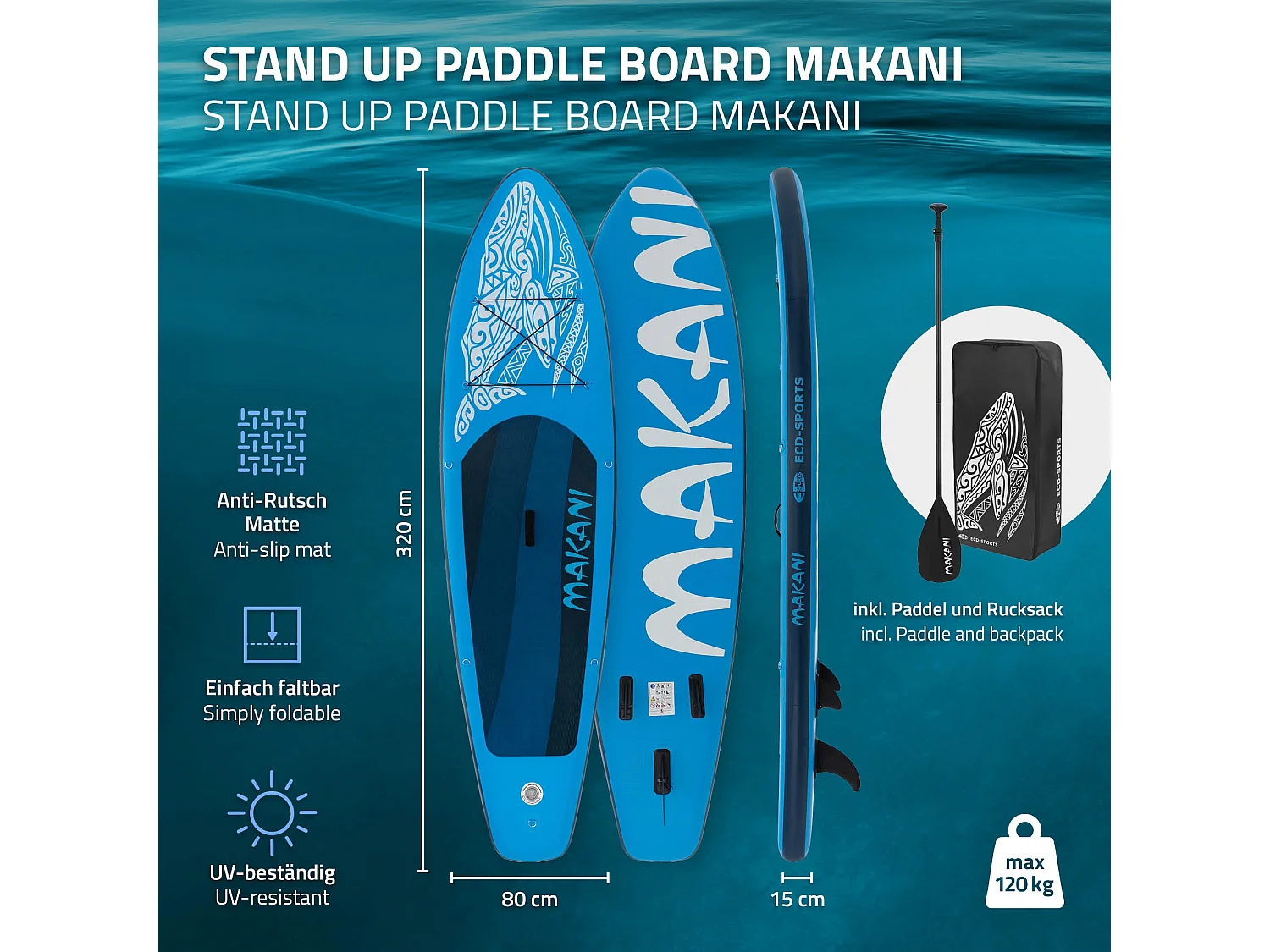 Planche stand up Makani 320x80x15 cm bleu PVC gonflable jusqu'à 120 kg revêtement antidérapant avec pompe sac de transport kit de réparation pagaie