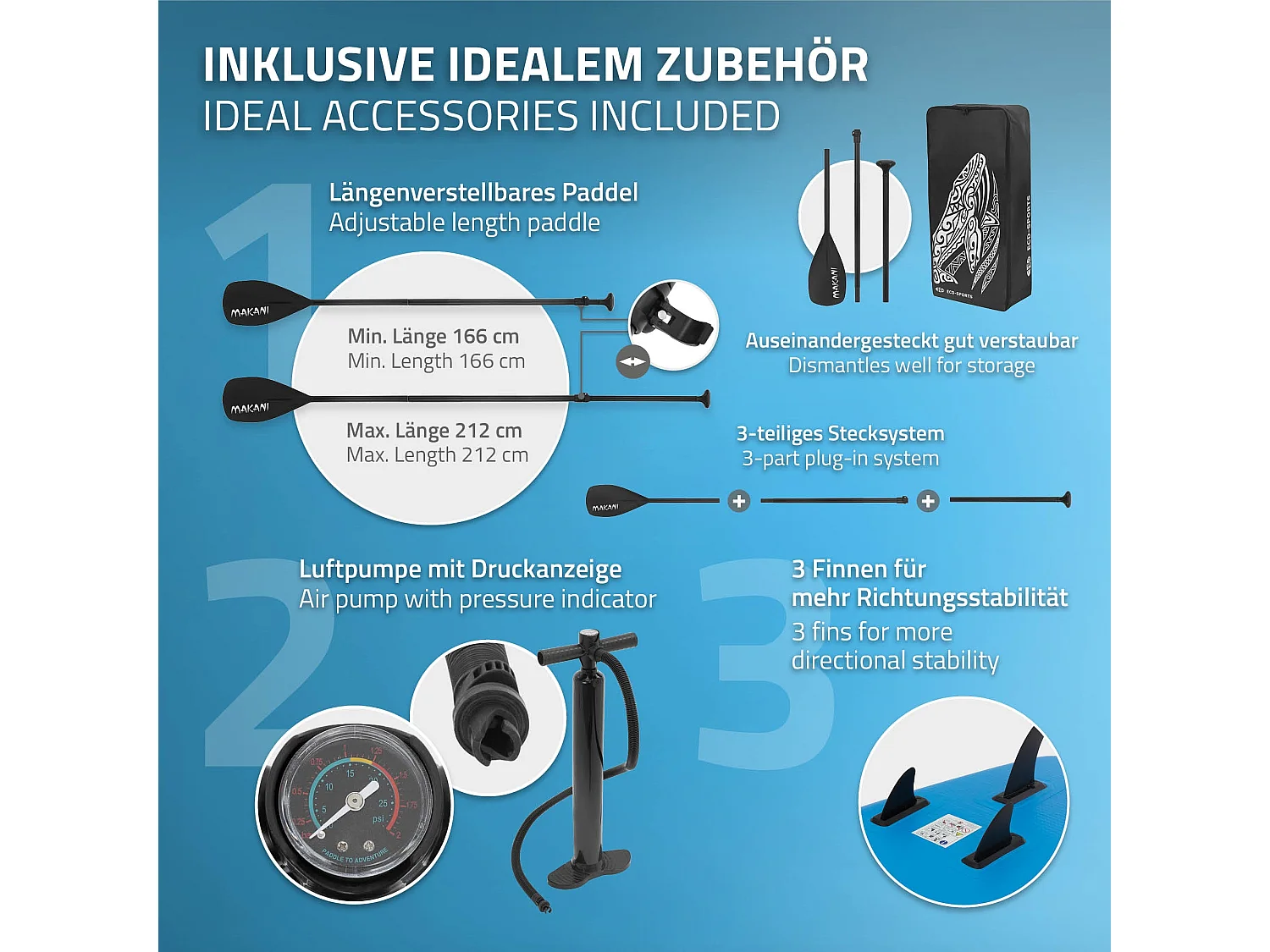Planche stand up Makani 320x80x15 cm bleu PVC gonflable jusqu'à 120 kg revêtement antidérapant avec pompe sac de transport kit de réparation pagaie