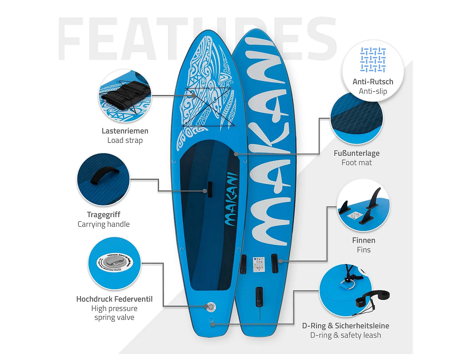 Planche stand up Makani 320x80x15 cm bleu PVC gonflable jusqu'à 120 kg revêtement antidérapant avec pompe sac de transport kit de réparation pagaie