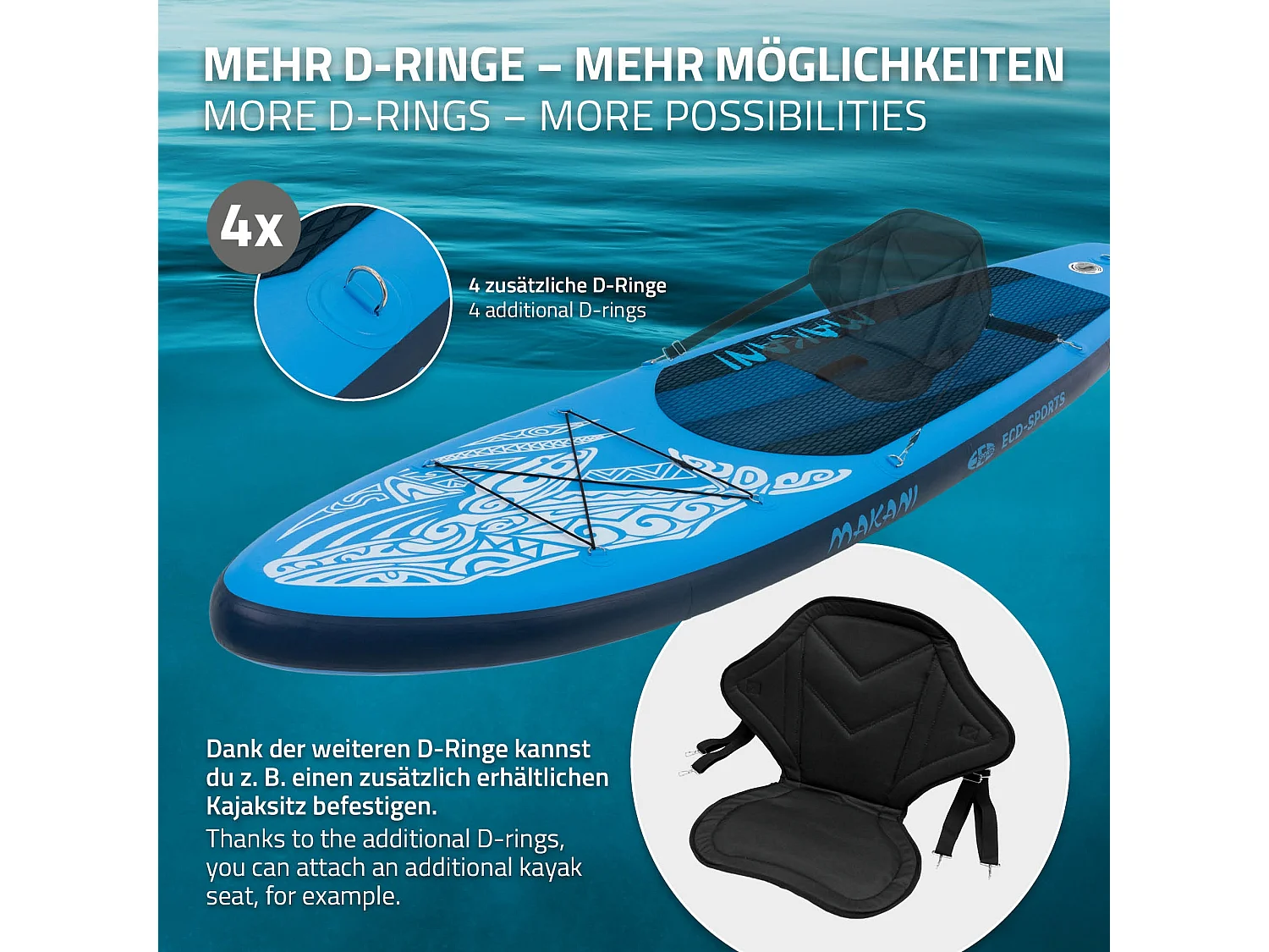 Planche stand up Makani 320x80x15 cm bleu PVC gonflable jusqu'à 120 kg revêtement antidérapant avec pompe sac de transport kit de réparation pagaie