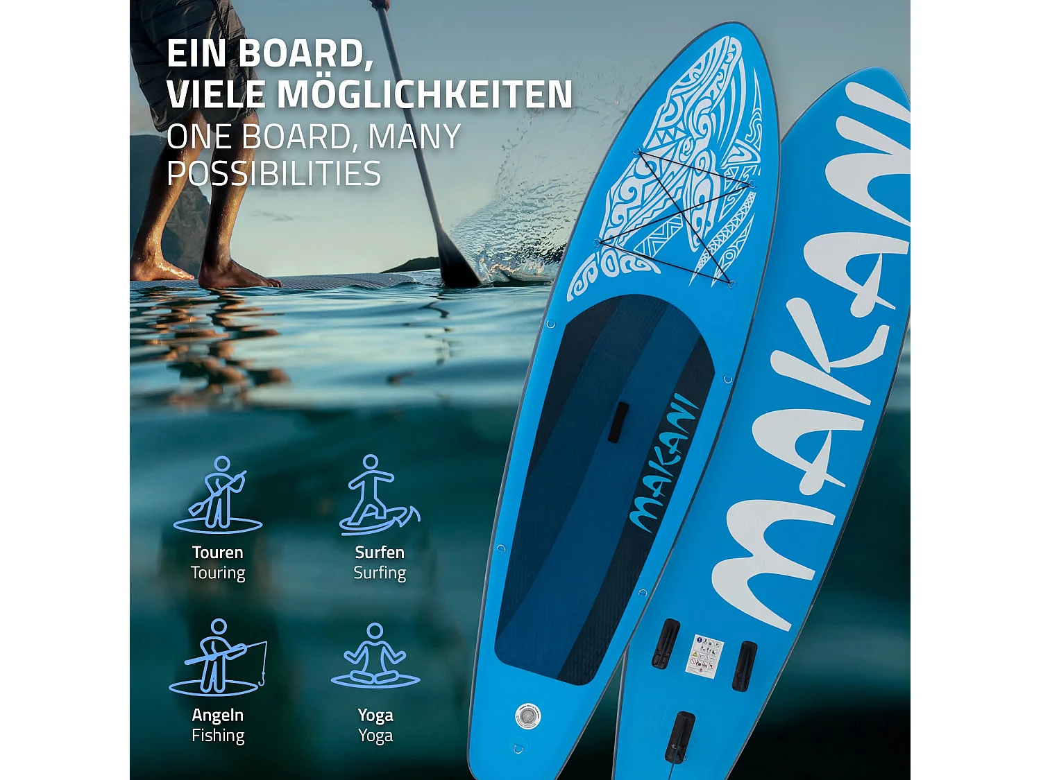 Planche stand up Makani 320x80x15 cm bleu PVC gonflable jusqu'à 120 kg revêtement antidérapant avec pompe sac de transport kit de réparation pagaie