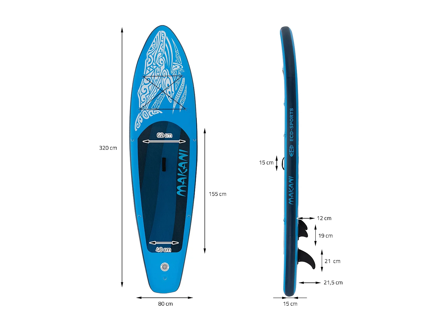 Planche stand up Makani 320x80x15 cm bleu PVC gonflable jusqu'à 120 kg revêtement antidérapant avec pompe sac de transport kit de réparation pagaie